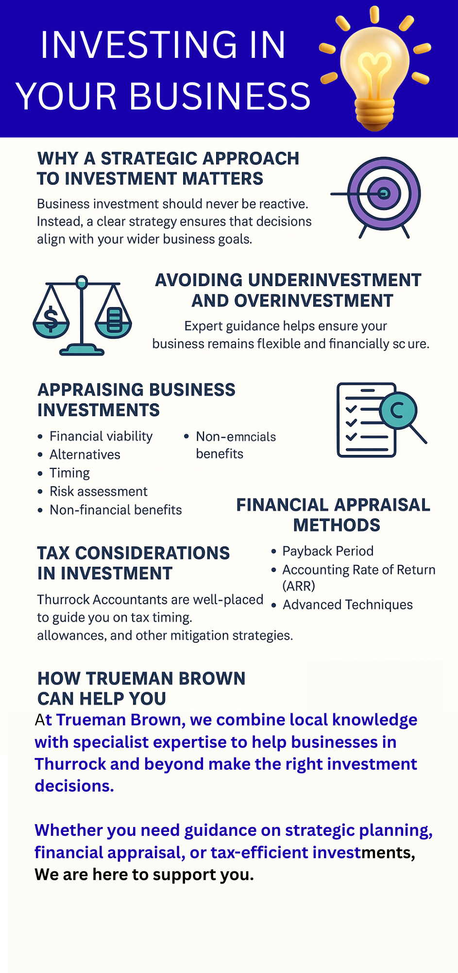 Infographic on investing in your business with Thurrock Accountants, covering strategy, avoiding under/overinvestment, financial appraisal, tax considerations, and Trueman Brown support.