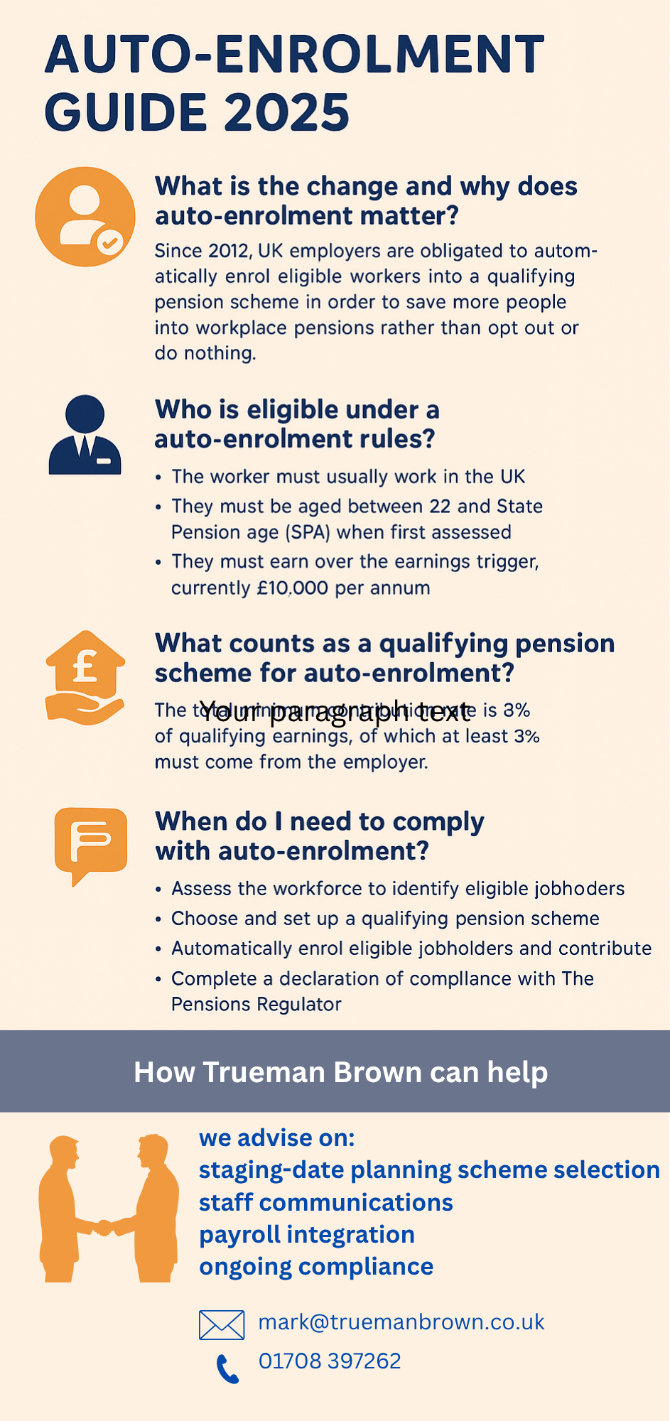 auto-enrolment Infographic explaining the 2025 UK auto-enrolment rules for employers, showing eligibility criteria, contribution rates, compliance steps, and Trueman Brown contact details.