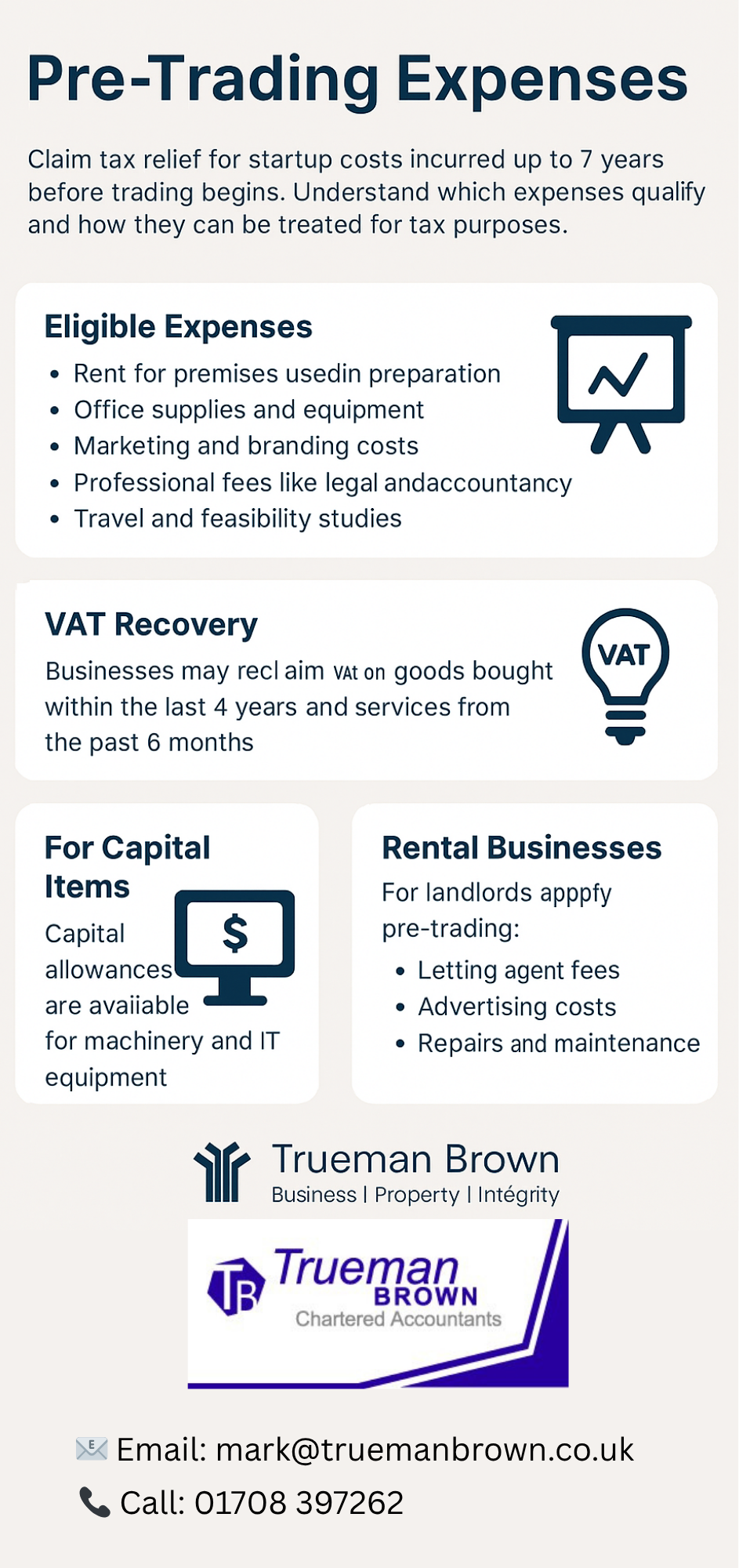 pre-trading expenses (1) Infographic titled “Pre-Trading Expenses” summarising UK tax relief rules for startup costs, including eligible expenses, VAT recovery, capital allowances, and rental business claims.