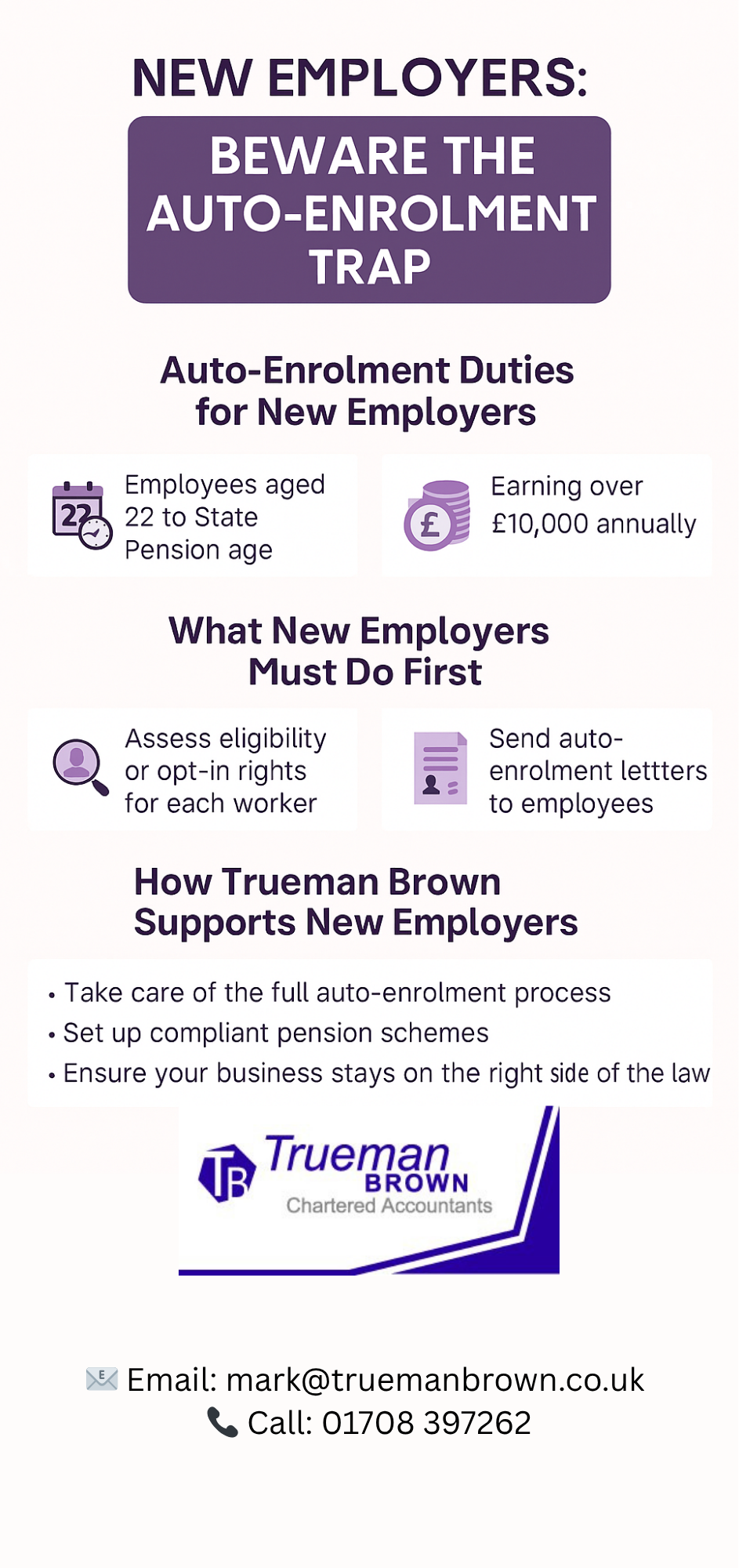 New employers auto-enrolment Infographic for new employers explaining UK auto-enrolment duties, Trueman Brown support, and key FAQs.