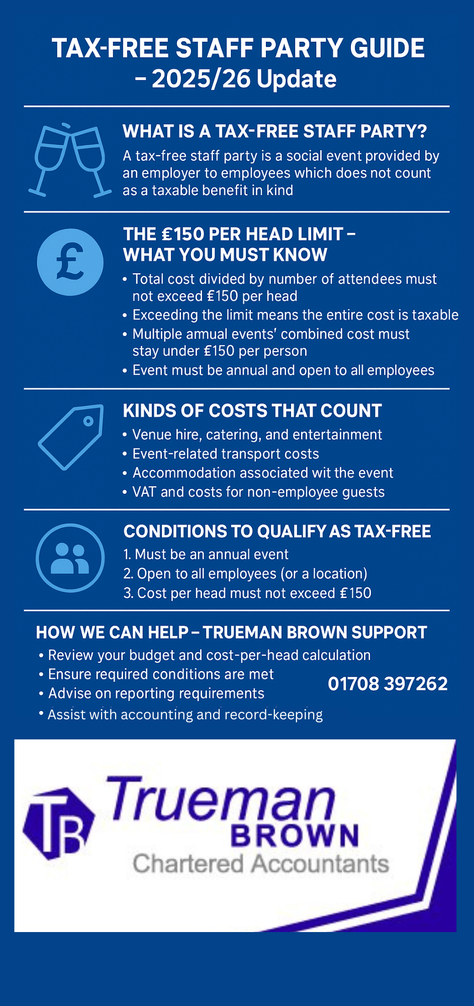 Infographic titled “Tax-Free Staff Party Guide – 2025/26 Update” in royal blue, displaying icons and bullet points summarising HMRC rules: definition of a tax-free staff party, the £150 per-head limit, allowable costs, qualifying conditions, and a section promoting Trueman Brown’s support services with contact details.