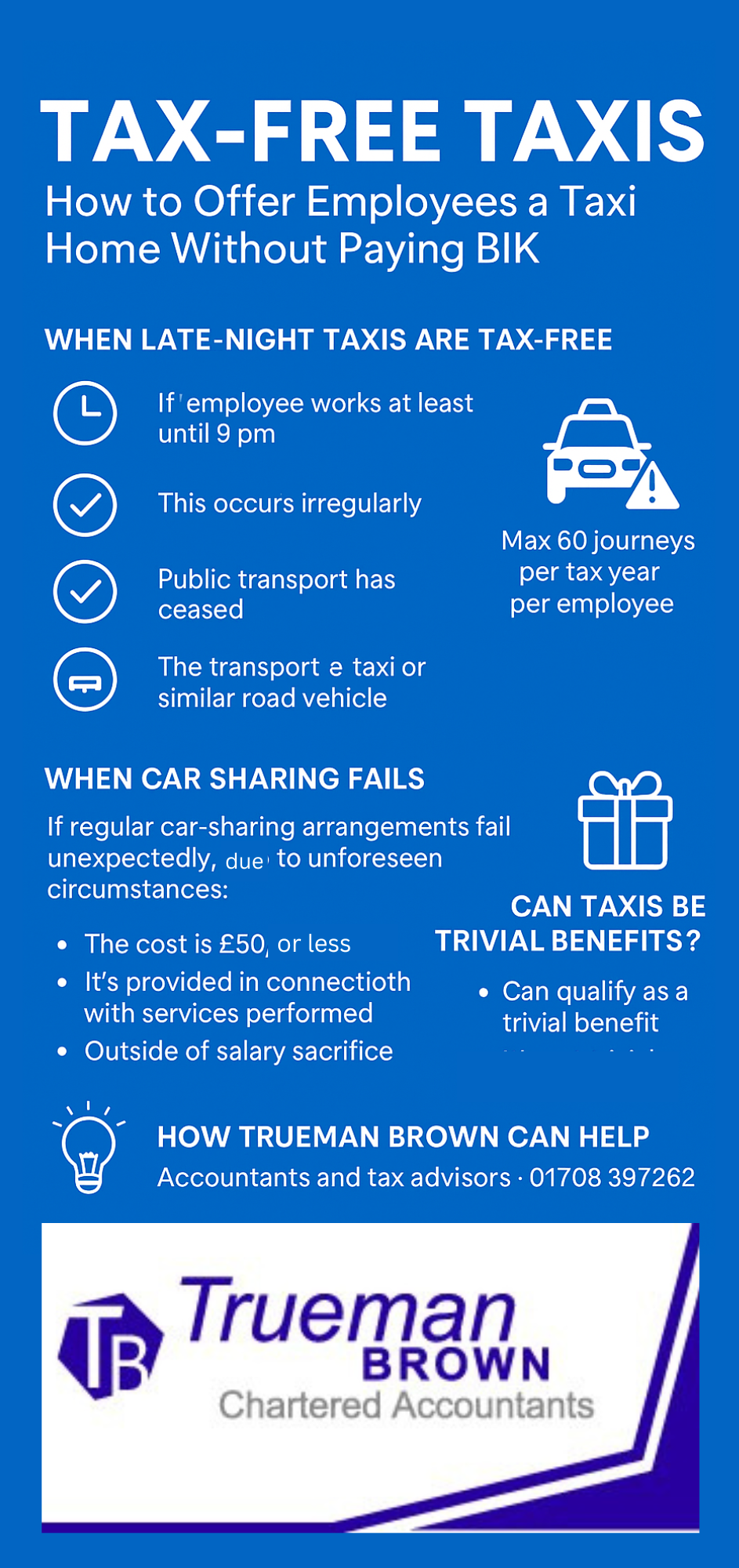 “Infographic explaining HMRC 2025/26 Tax-free Taxis rules for employers, created by Trueman Brown accountants.”