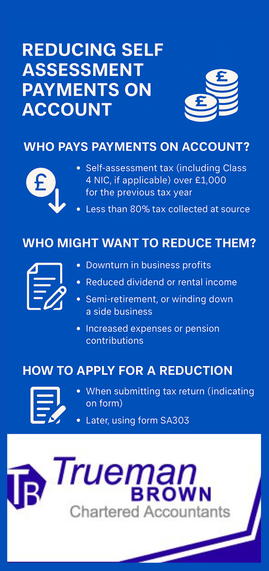 “Infographic in royal blue explaining how to reduce Self Assessment payments on account, including who must pay them, when reductions apply, how to apply, 2025/26 deadlines, Trueman Brown contact details, and FAQs.”