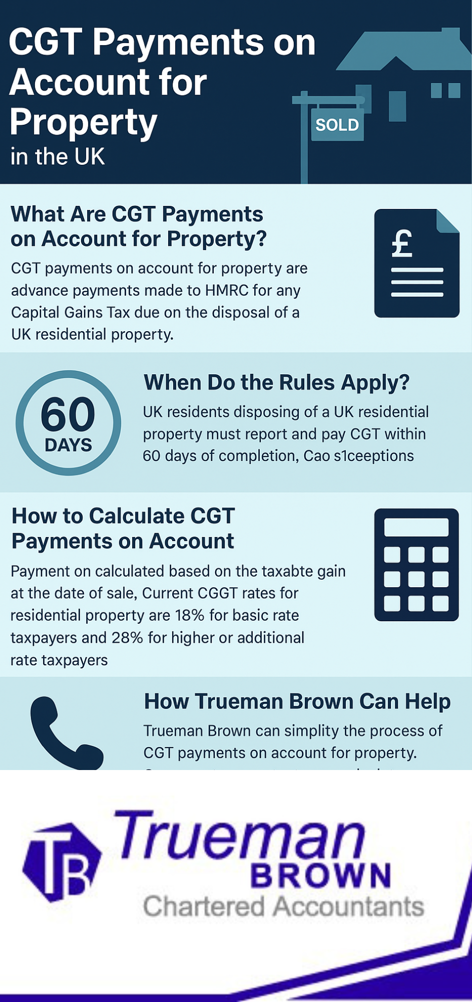cgt payments on account for property Infographic titled “CGT Payments on Account for UK Property” showing deadlines, reporting rules, payment process, and Trueman Brown contact details.
