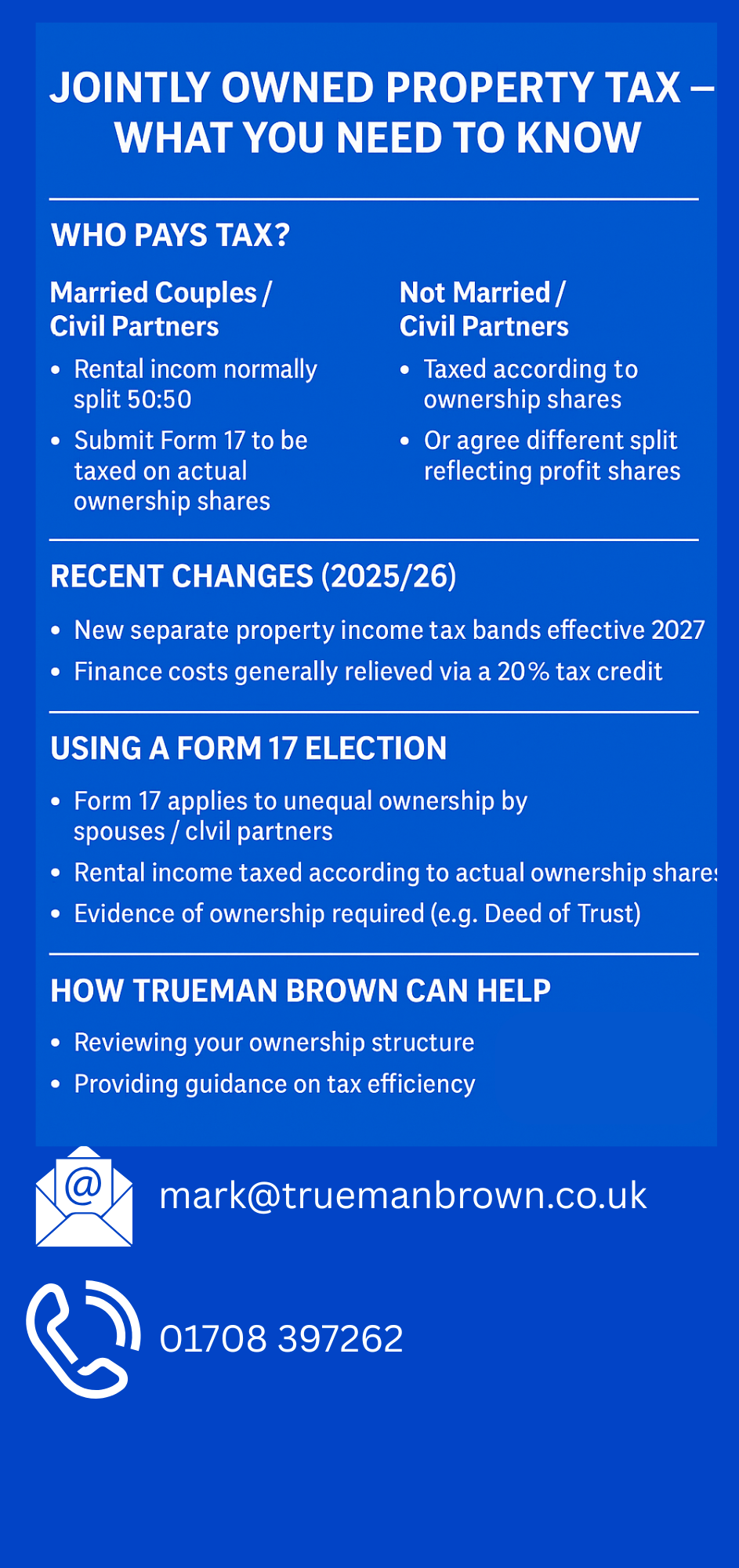 "Infographic explaining jointly owned property tax rules, including tax splits for married and unmarried owners, recent 2025/26 updates, Form 17 guidance, and Trueman Brown contact details, designed in royal blue."