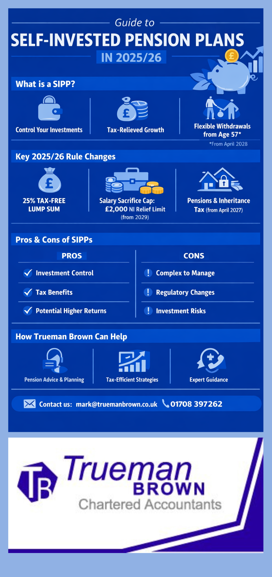 Infographic showing a royal blue guide to self-invested pension plans in 2025/26, explaining what a SIPP is, key rule changes, pros and cons, and how Trueman Brown can help with pension planning.