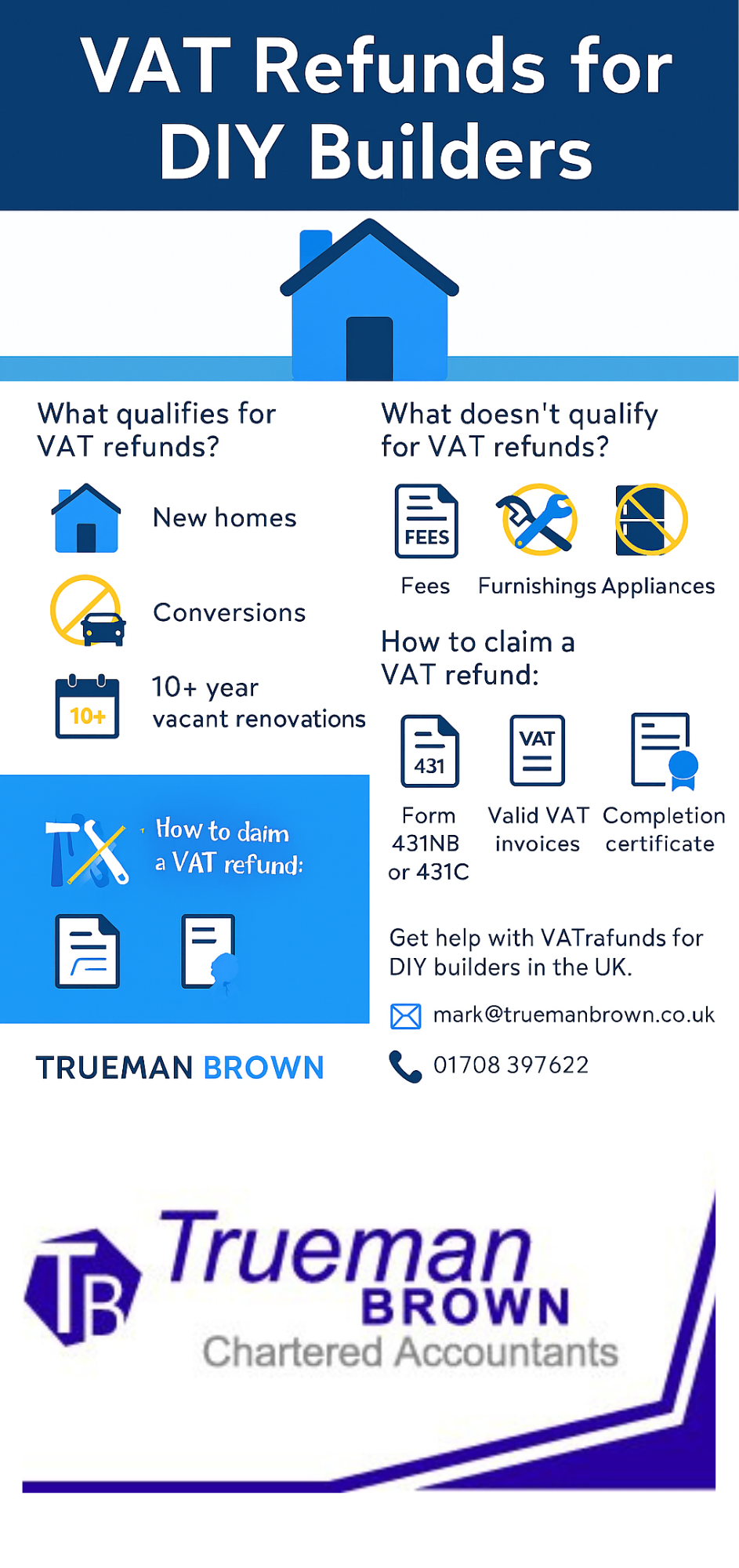 Infographic titled “VAT Refunds for DIY Builders” showing eligibility criteria, excluded items, claim steps, and contact details for Trueman Brown.