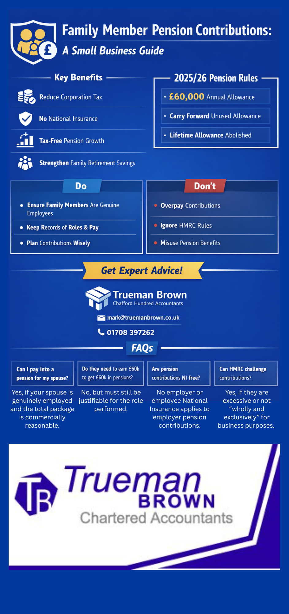 Infographic explaining family member pension contributions for small businesses, showing tax benefits, 2025/26 pension rules, HMRC dos and don’ts, and Trueman Brown contact details.