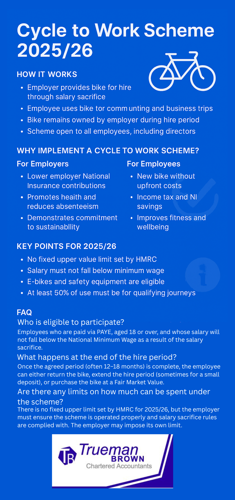 Infographic titled “Cycle to Work Scheme 2025/26” in royal blue, summarising how the UK’s Cycle to Work Scheme operates. It outlines how employers can provide bikes through salary sacrifice, benefits for both employers and employees, key 2025/26 updates, and a brief FAQ section about eligibility, e-bikes, spending limits, and end-of-hire options.