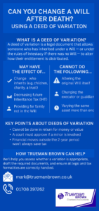 Infographic explaining how a deed of variation can change inheritance after death, including what it allows, what it cannot do, key rules, and Trueman Brown contact details.