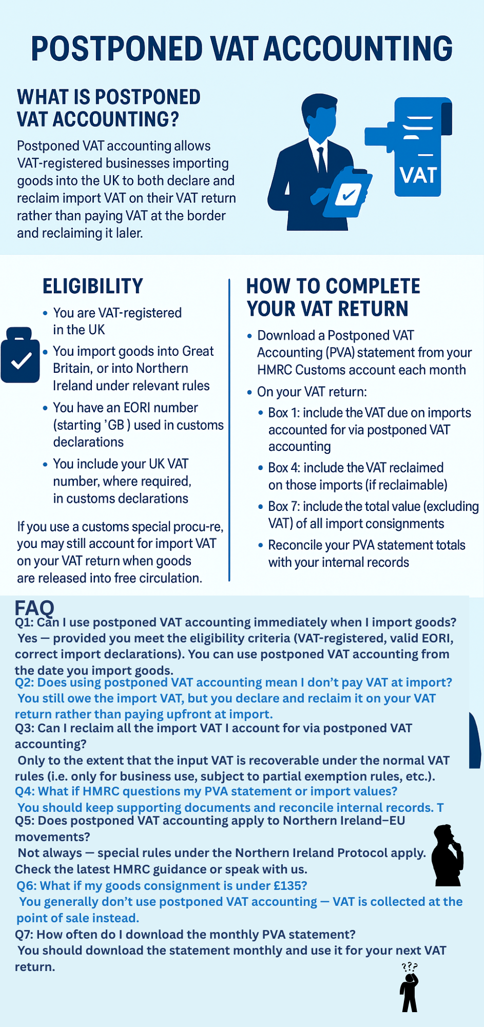 postponed vat accounting Infographic explaining postponed VAT accounting, including what it is, eligibility requirements, how to complete a VAT return, and key FAQs for UK businesses.