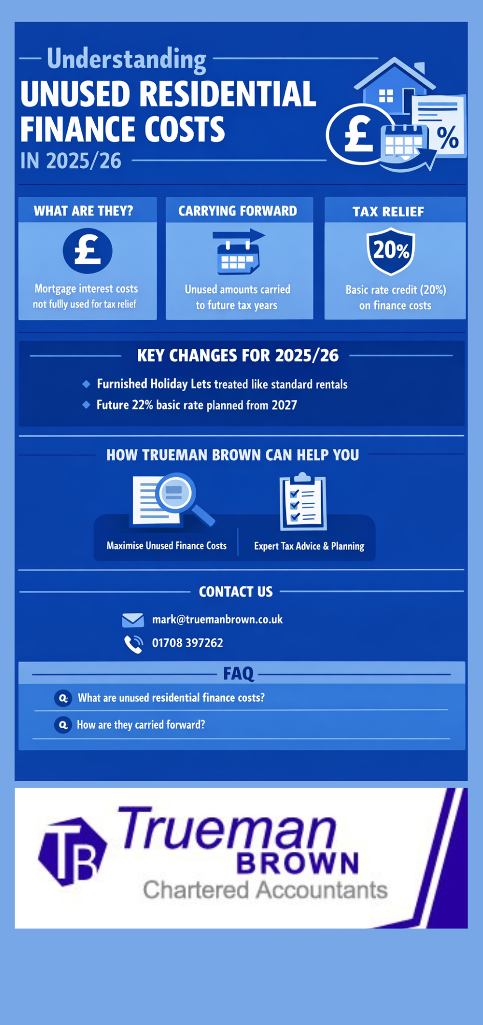 Infographic explaining unused residential finance costs for landlords in 2025/26, showing basic rate tax relief at 20%, carrying forward unused costs, key rule changes, and how Trueman Brown can help.