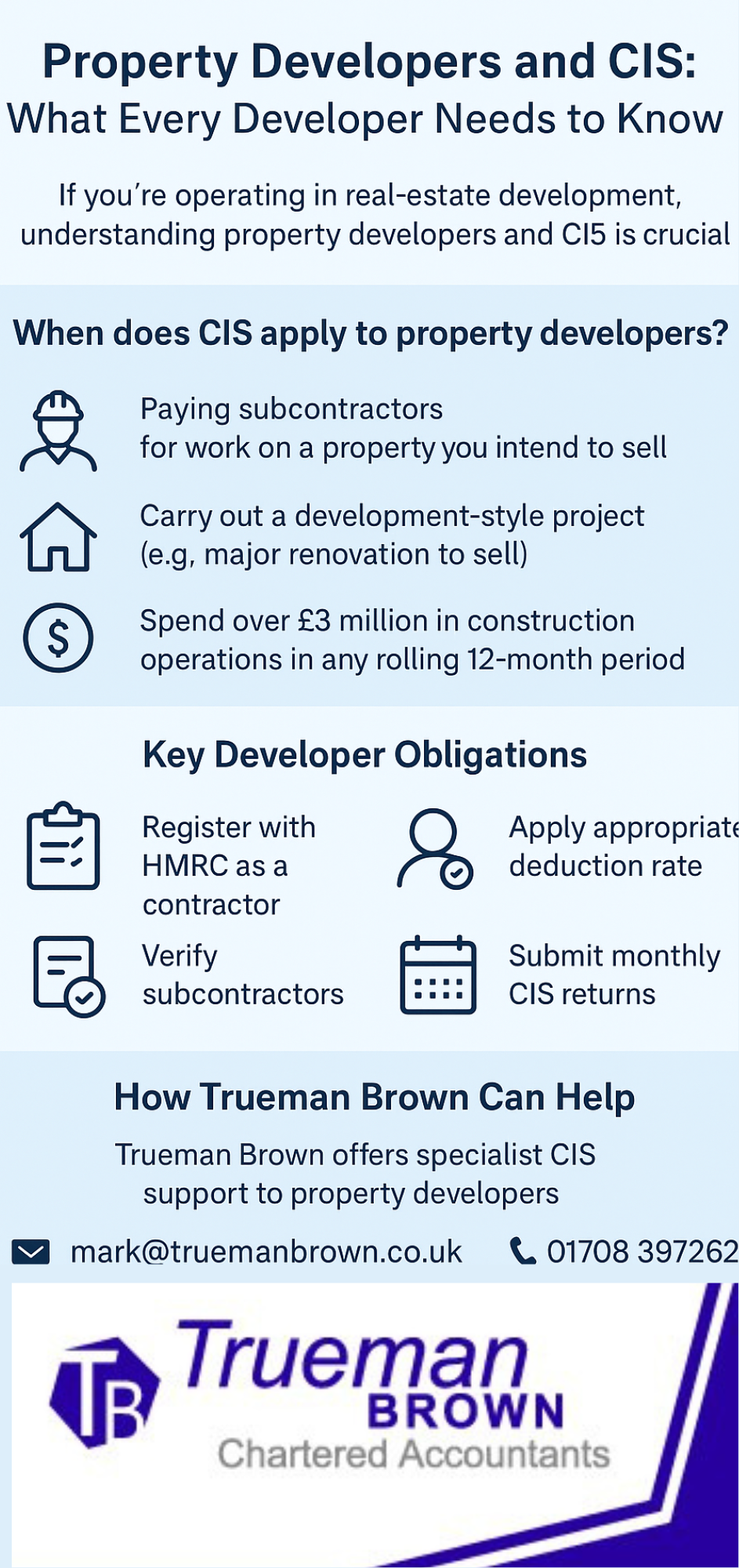 property developrs and CIS Infographic titled “Property Developers and CIS: What Every Developer Needs to Know,” explaining when CIS applies to property developers, their key obligations under HMRC rules, and how Trueman Brown can help with CIS compliance, including contact details.