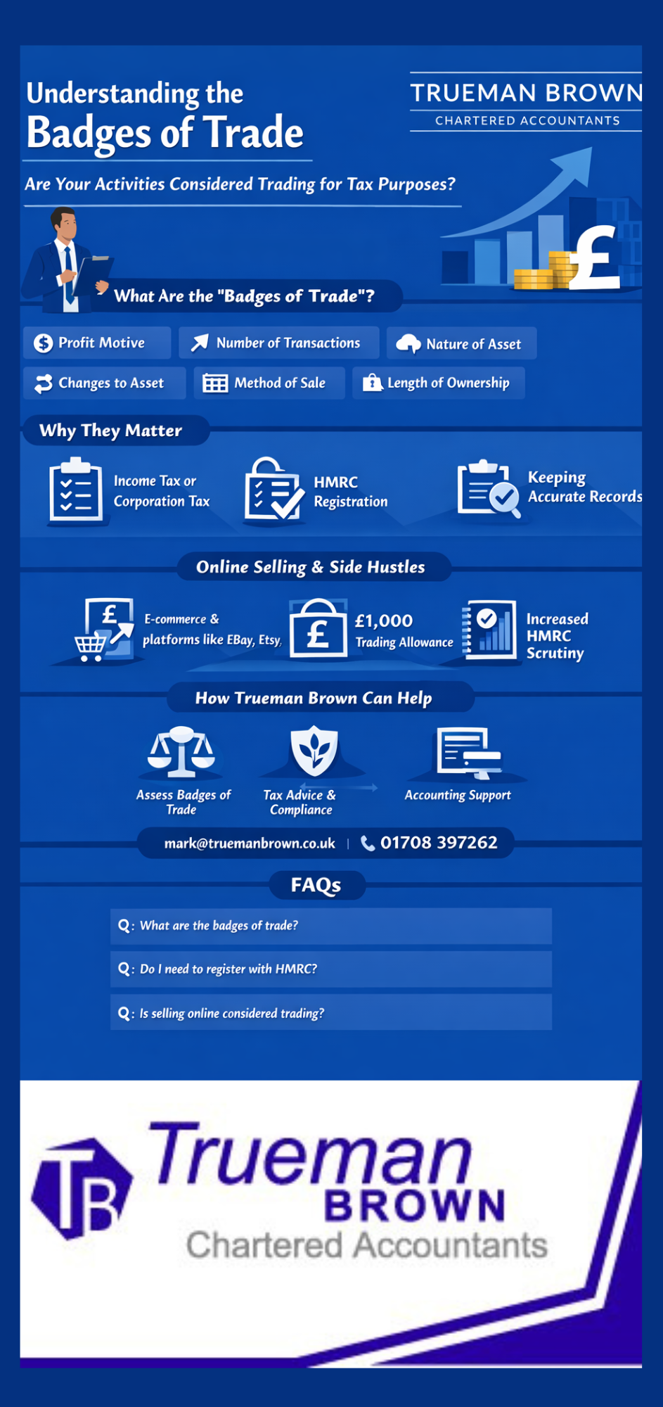 Infographic explaining the HMRC badges of trade, including profit motive, frequency of transactions, nature of assets and tax implications, branded by Trueman Brown Chartered Accountants in royal blue.