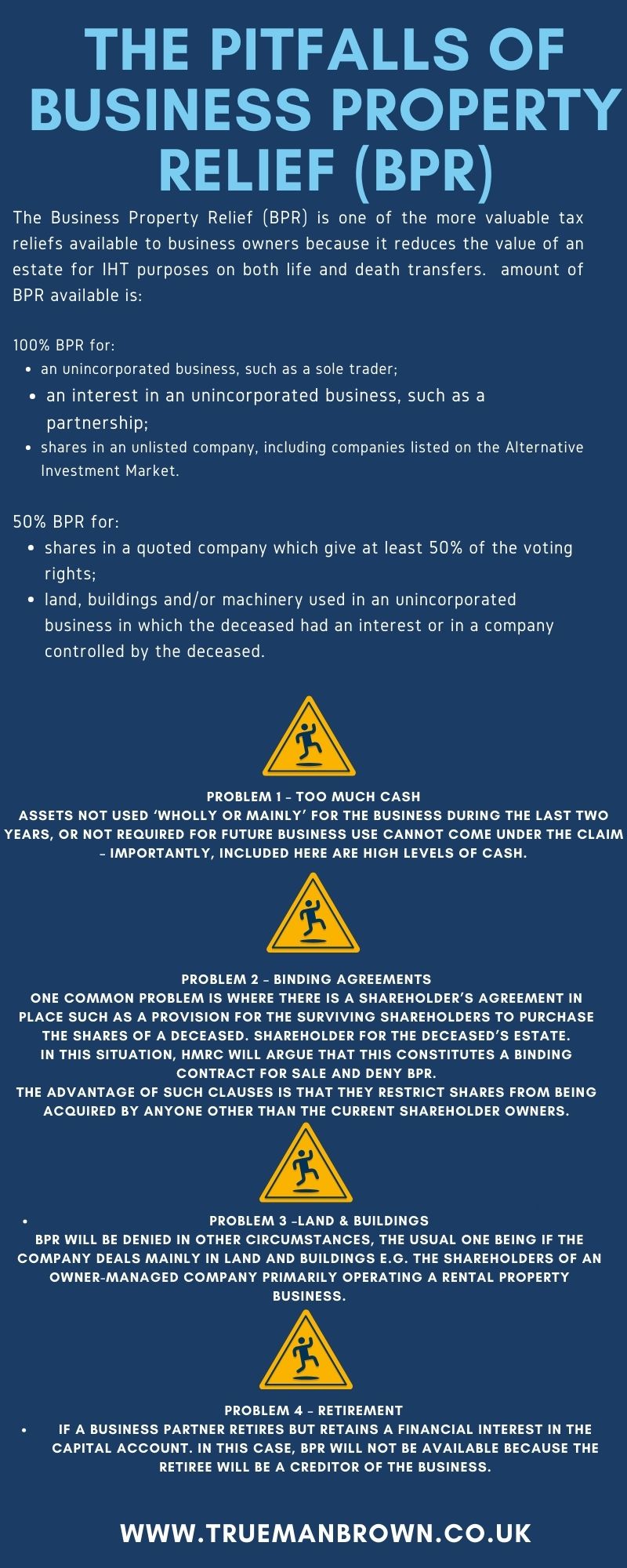 “Infographic titled ‘The Pitfalls of Business Property Relief (BPR)’ explaining when 100% and 50% BPR apply, followed by four common problems: too much cash, binding agreements, land and buildings, and retirement. Includes warning icons and the Trueman Brown website at the bottom.”