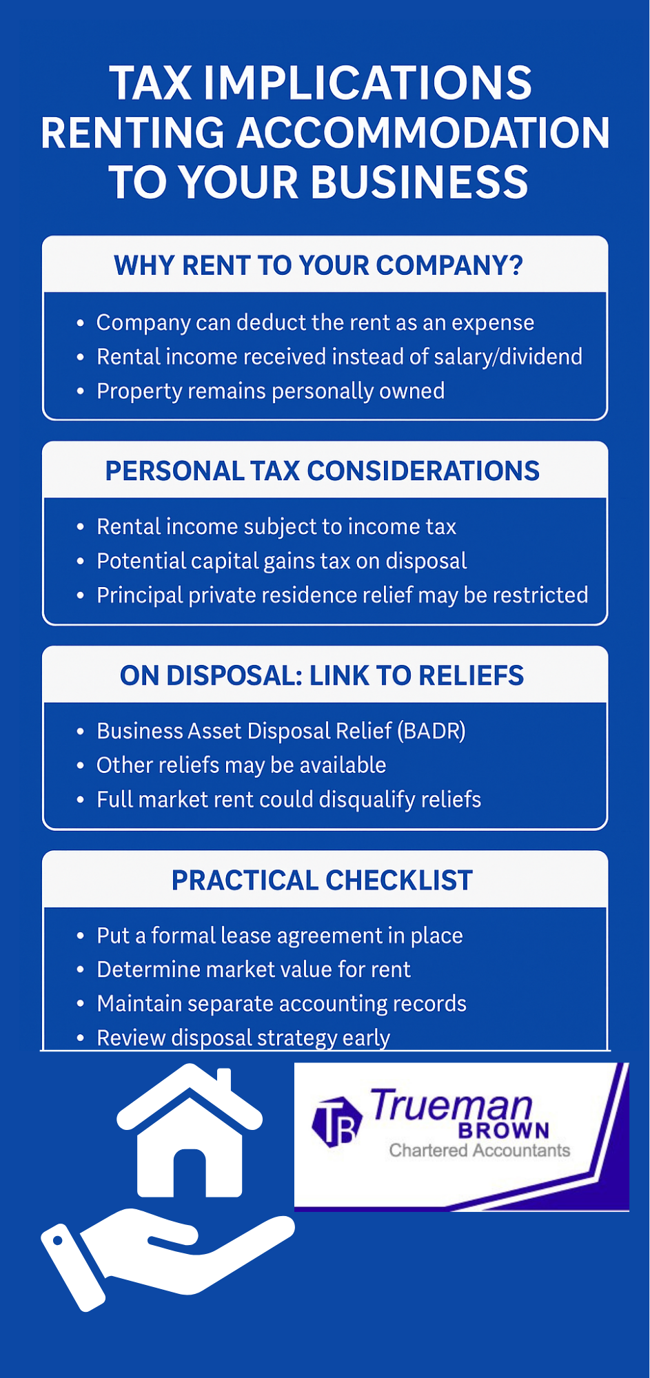 “Infographic with a royal blue background titled ‘Tax Implications Renting Accommodation to Your Business,’ summarizing key considerations including company benefits, personal tax issues, disposal and reliefs, and a practical checklist.”