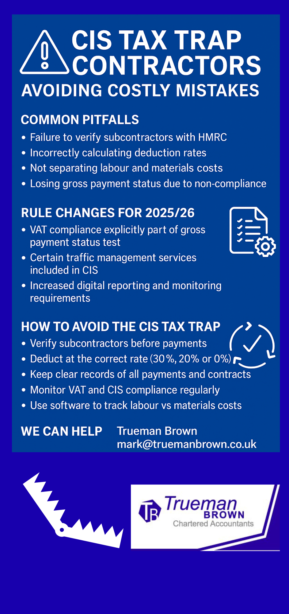 “Infographic in royal blue explaining CIS tax trap contractors face, including common pitfalls, 2025/26 rule changes, how to avoid CIS mistakes, and Trueman Brown contact details.”