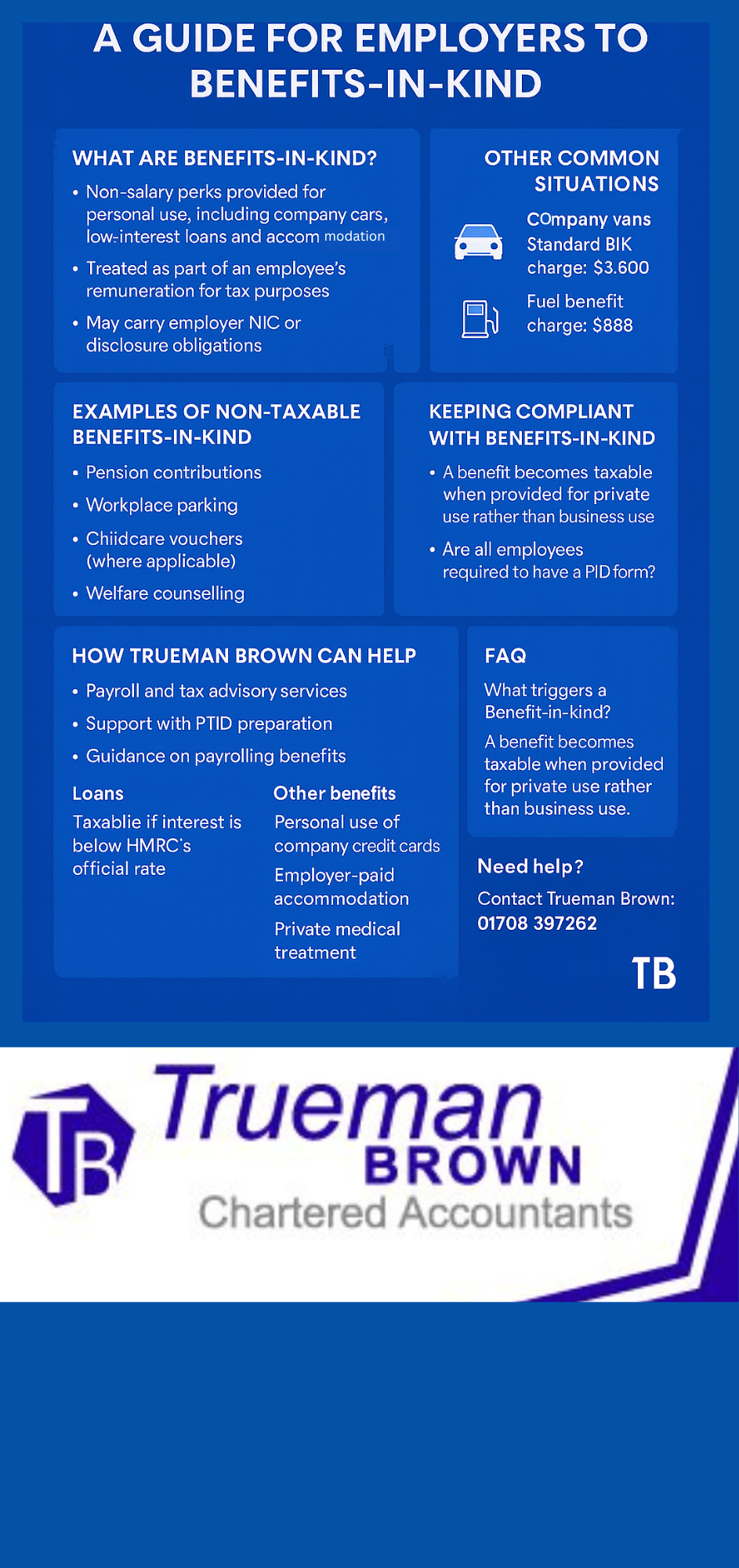 “Infographic showing a guide to Benefits-in-kind for employers, including tax rules, non-taxable benefits, common examples, compliance steps, and Trueman Brown contact details.”