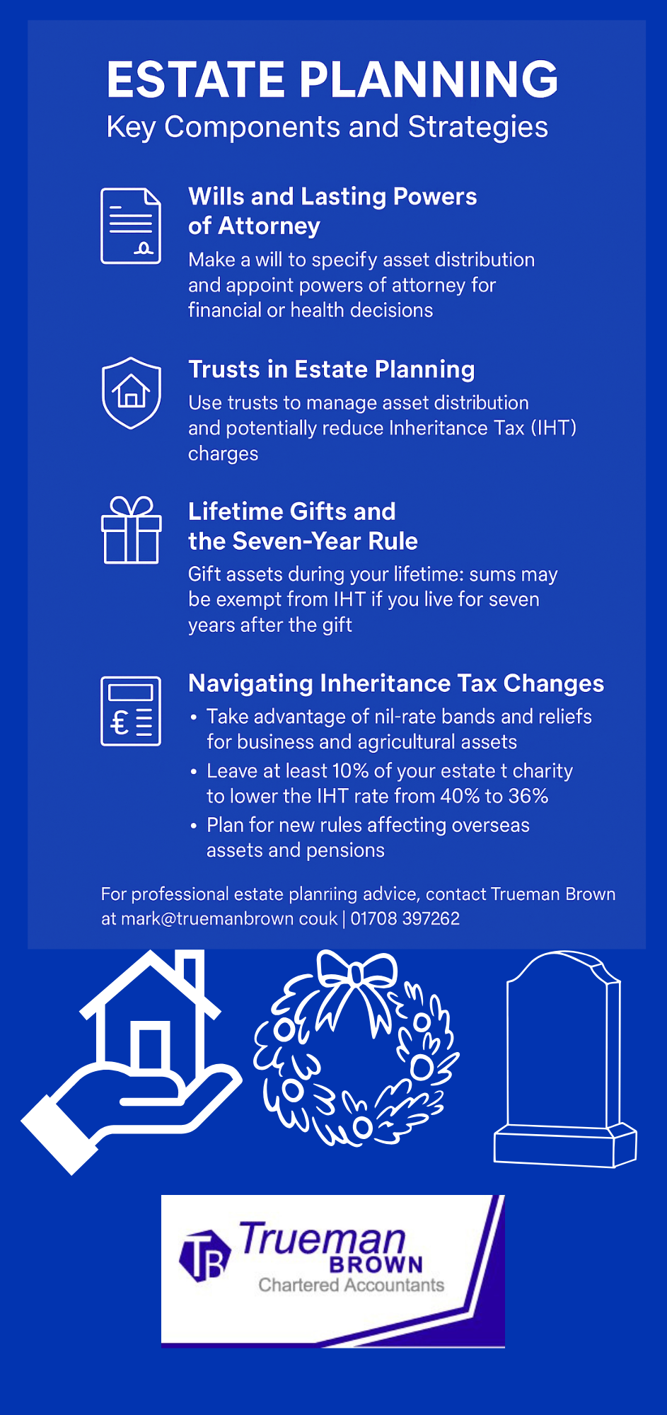 “Infographic in royal blue outlining key estate planning components, including wills and lasting powers of attorney, trusts, lifetime gifting and the seven-year rule, inheritance tax changes, and contact details for Trueman Brown.”