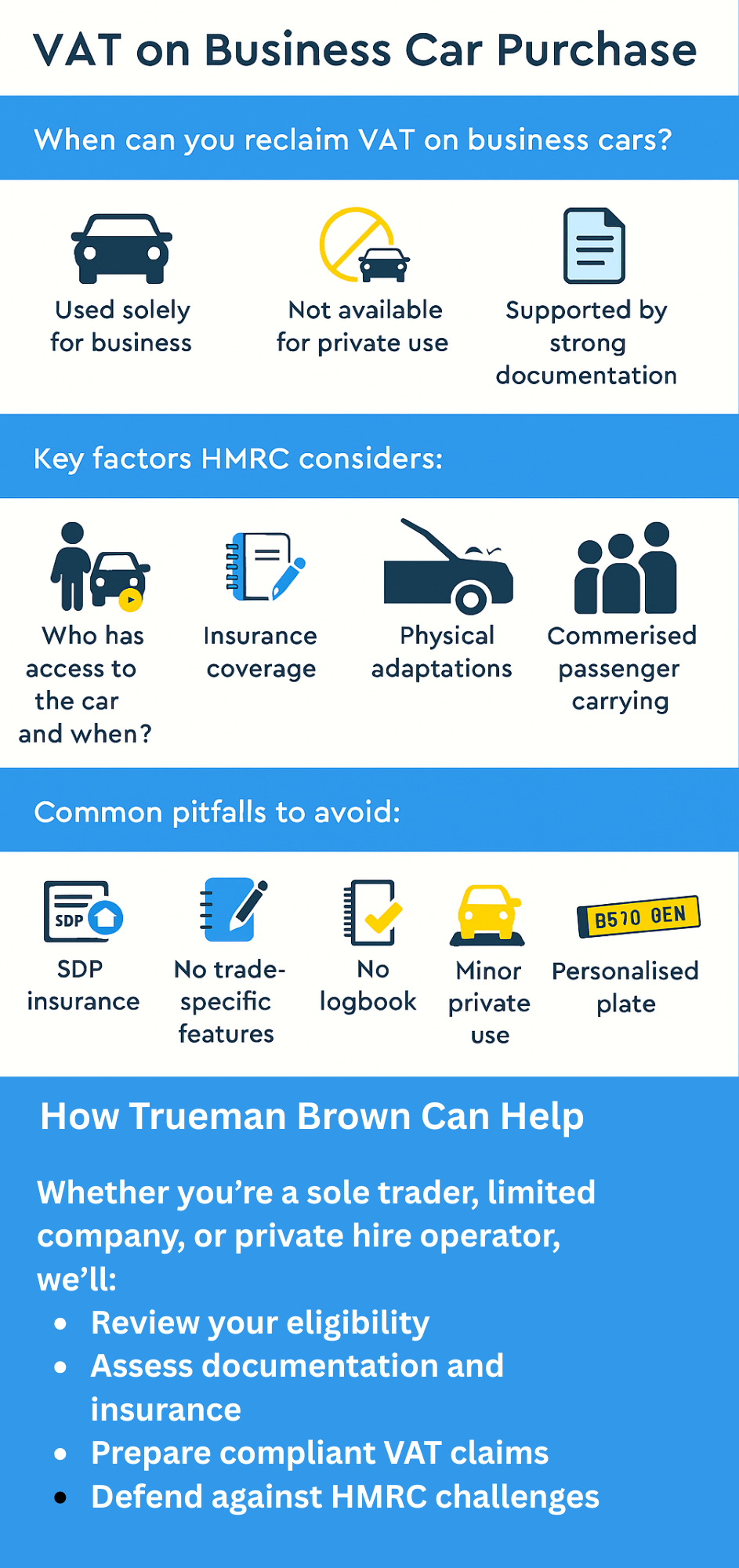 vat on business car purchase Infographic titled “VAT on Business Car Purchase” outlining HMRC rules, eligibility criteria, common pitfalls, and contact details for Trueman Brown.
