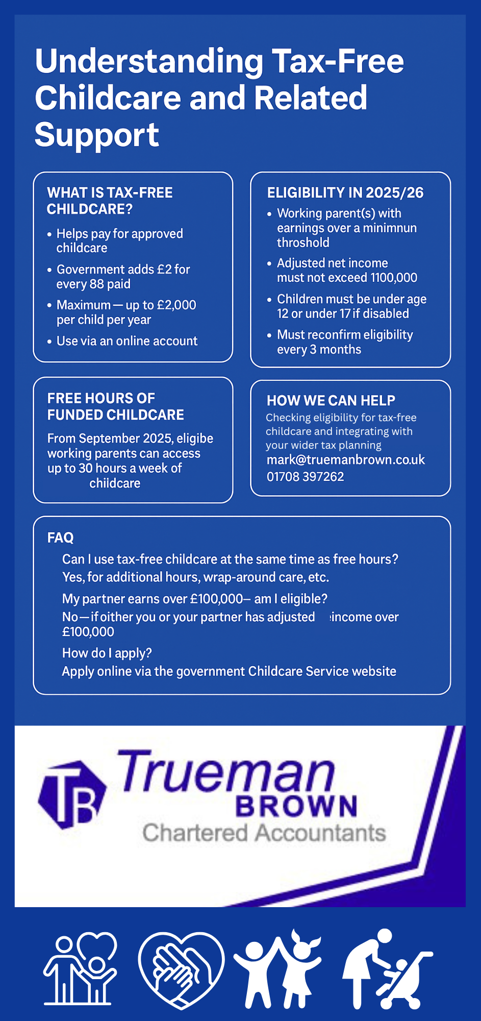 “A royal-blue infographic titled ‘Understanding Tax-Free Childcare and Related Support,’ showing five sections: what tax-free childcare is, eligibility for 2025/26, free hours of funded childcare, how Trueman Brown can help with contact details, and a brief FAQ. White text and rounded boxes are arranged in a clean, structured layout.”