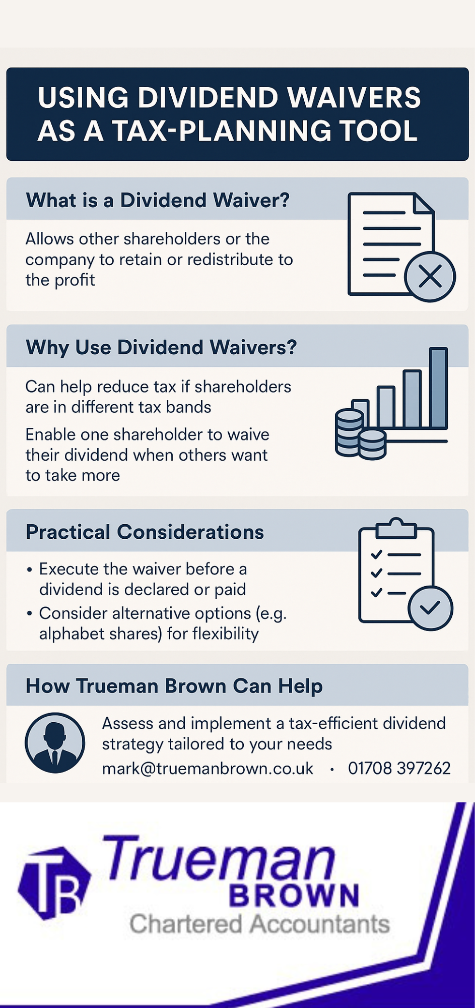 dividend waivers Infographic explaining dividend waivers in the UK for 2025/26, outlining what a dividend waiver is, why to use them, key considerations, and Trueman Brown contact details.