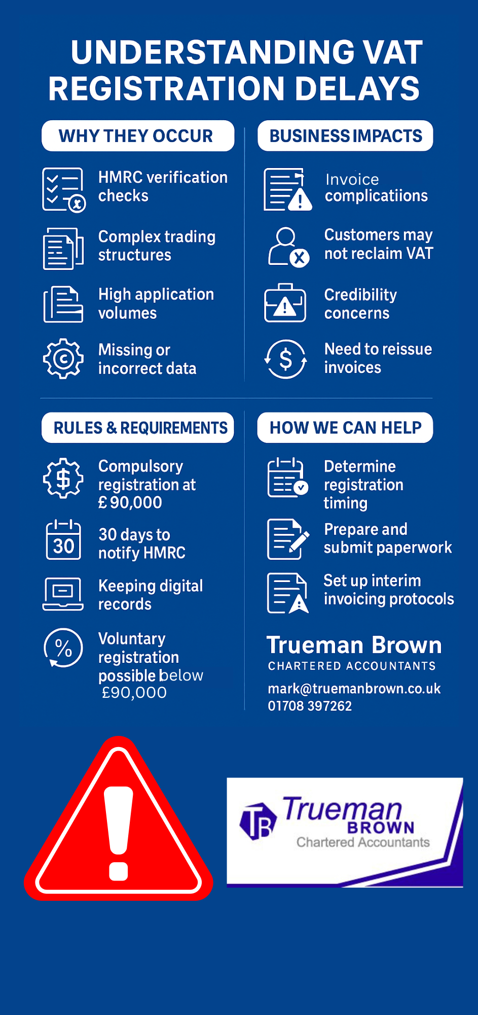Infographic explaining VAT registration delays, their causes, business impacts, rules for 2025/26, and how Trueman Brown can help, using a royal blue colour scheme.