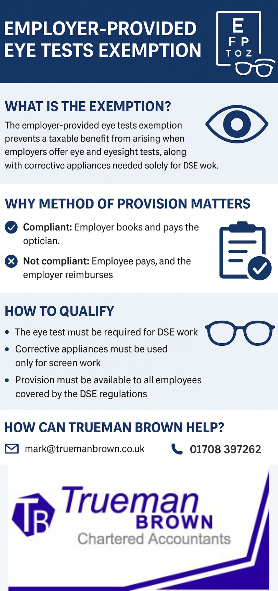 employer provided eye tests Infographic explaining the employer-provided eye tests exemption, outlining what the exemption is, why the method of provision matters, how to qualify, and Trueman Brown’s contact details for expert help.