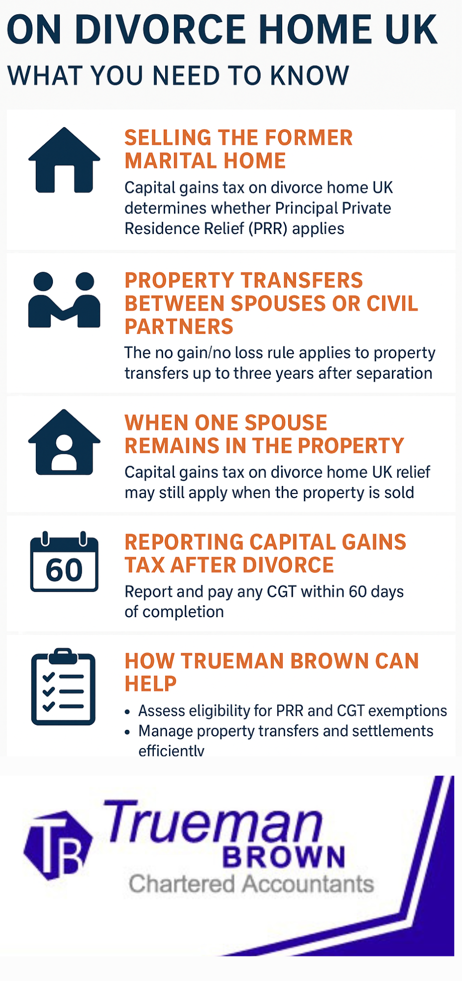 cgt on divorce home Infographic explaining capital gains tax on divorce home UK, covering property sales, transfers between spouses, relief eligibility, CGT reporting, and Trueman Brown’s help.