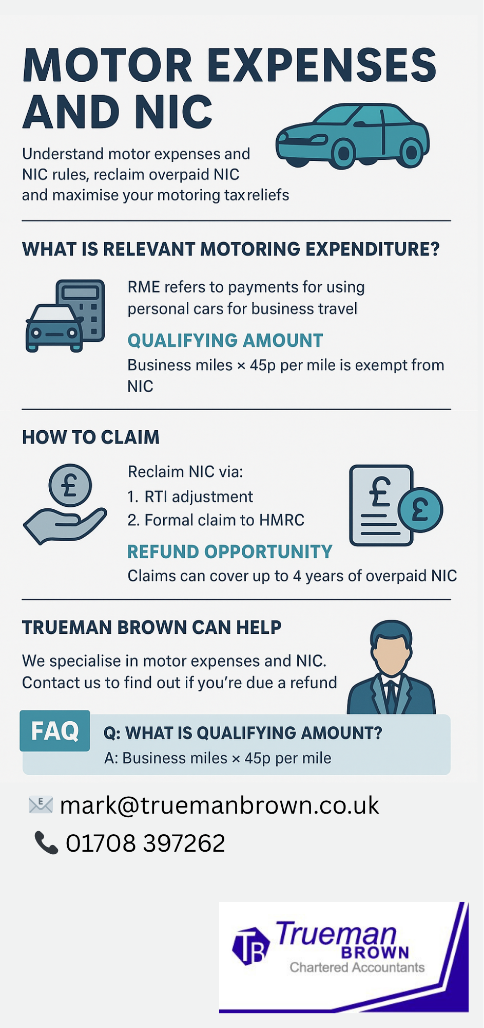 Motor expenses and NIC Infographic explaining motor expenses and NIC, showing how Relevant Motoring Expenditure (RME) affects National Insurance, qualifying mileage at 45p per mile, steps to claim NIC refunds, and Trueman Brown contact information.