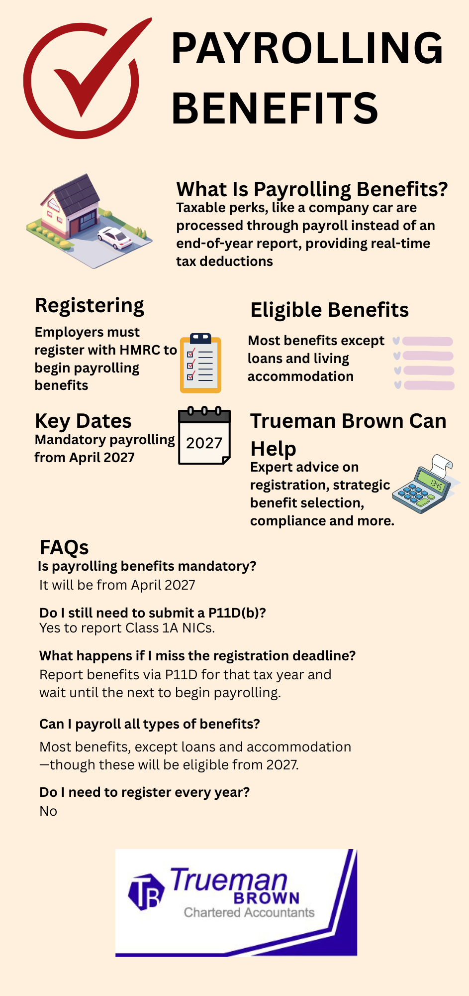 payrolling benefits Infographic explaining payrolling benefits, including registration steps, eligible benefits, HMRC updates, and Trueman Brown contact details.