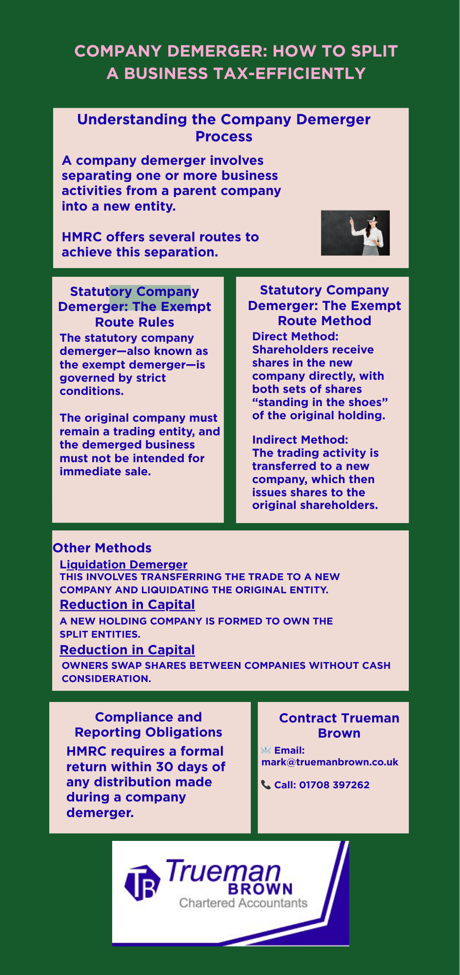 Company Demerger How to Split a Business Tax-Efficiently Infographic titled “Company Demerger: How to Split a Business Tax-Efficiently” showing five sections on UK demerger methods, HMRC compliance, and Trueman Brown contact details.