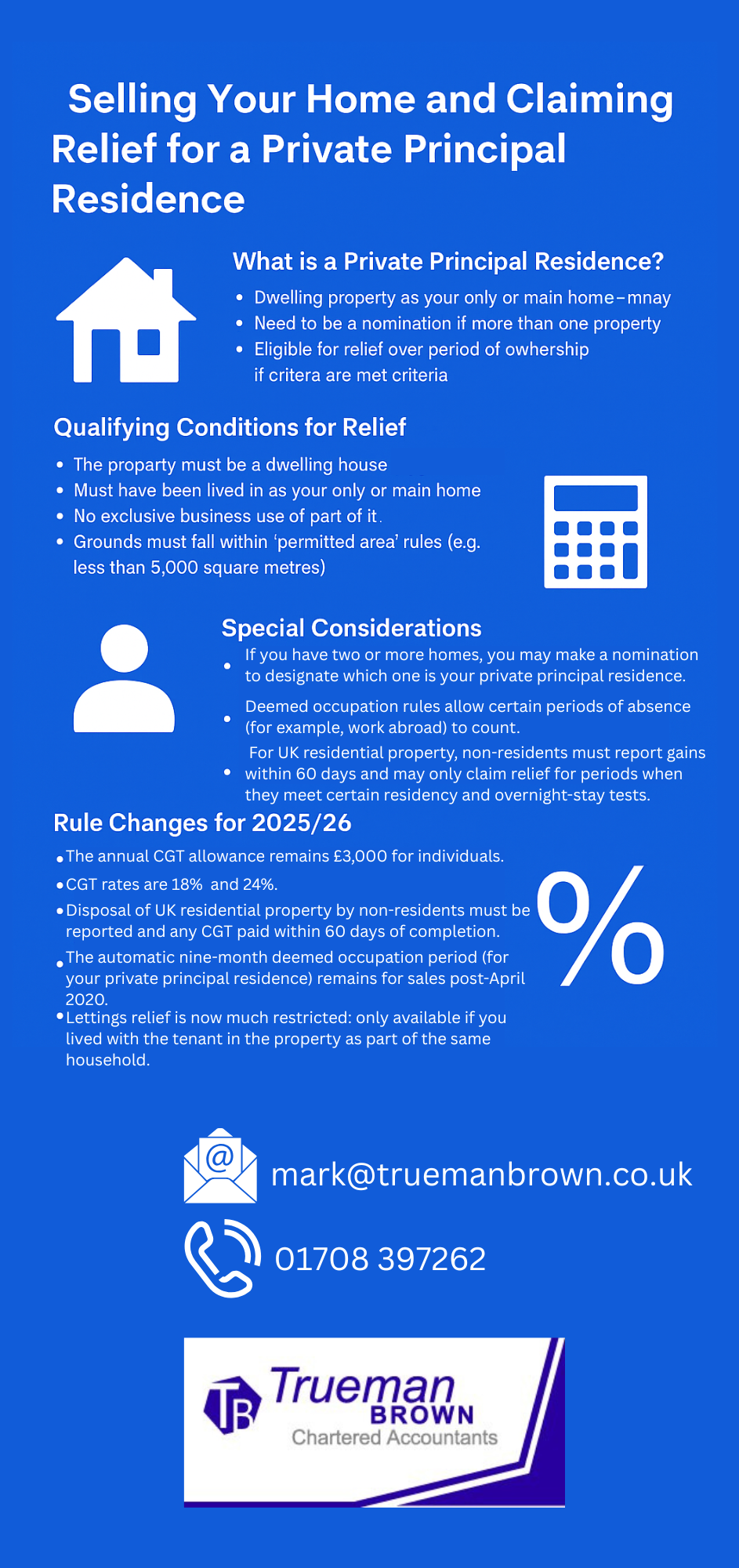 “Infographic explaining Private Principal Residence Relief and 2025/26 UK Capital Gains Tax rules, including qualifying conditions, special considerations, and updated CGT allowances, designed in royal blue.”