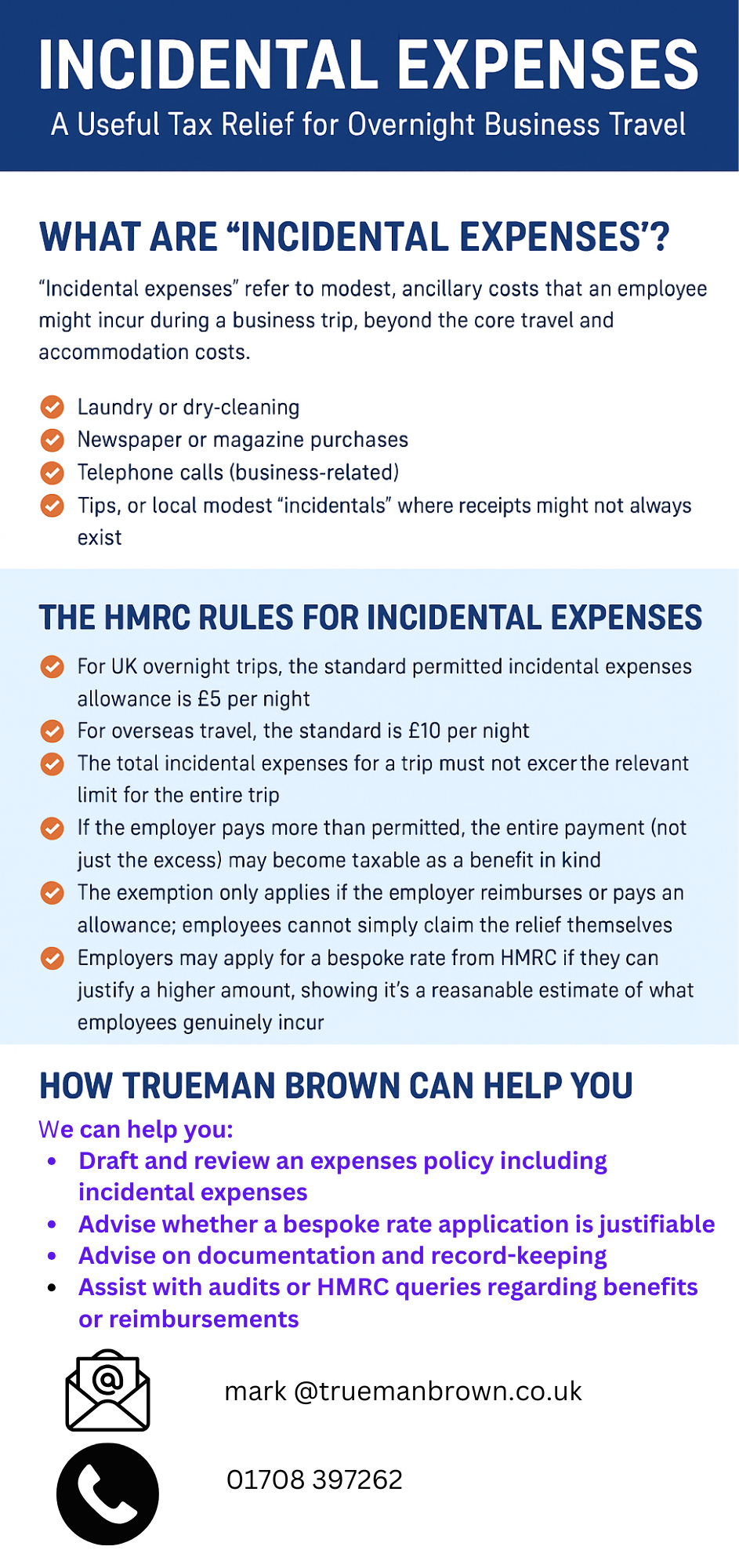 Infographic explaining incidental expenses and HMRC rules for overnight business travel, including examples of allowable costs, limits, and how Trueman Brown can help employers manage compliance.