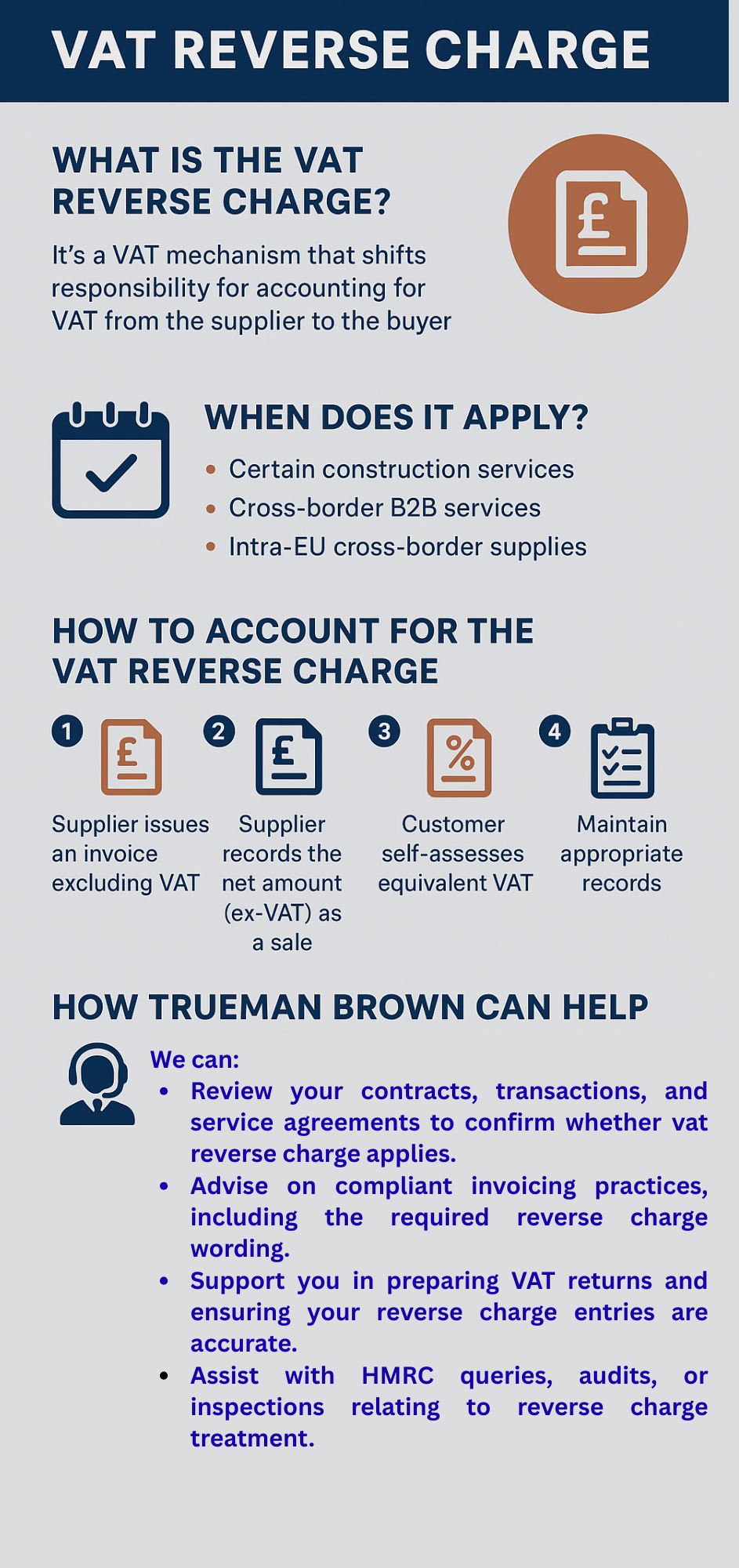 Infographic explaining the VAT reverse charge process in the UK with steps for suppliers and customers, highlighting how Trueman Brown accountants can help.