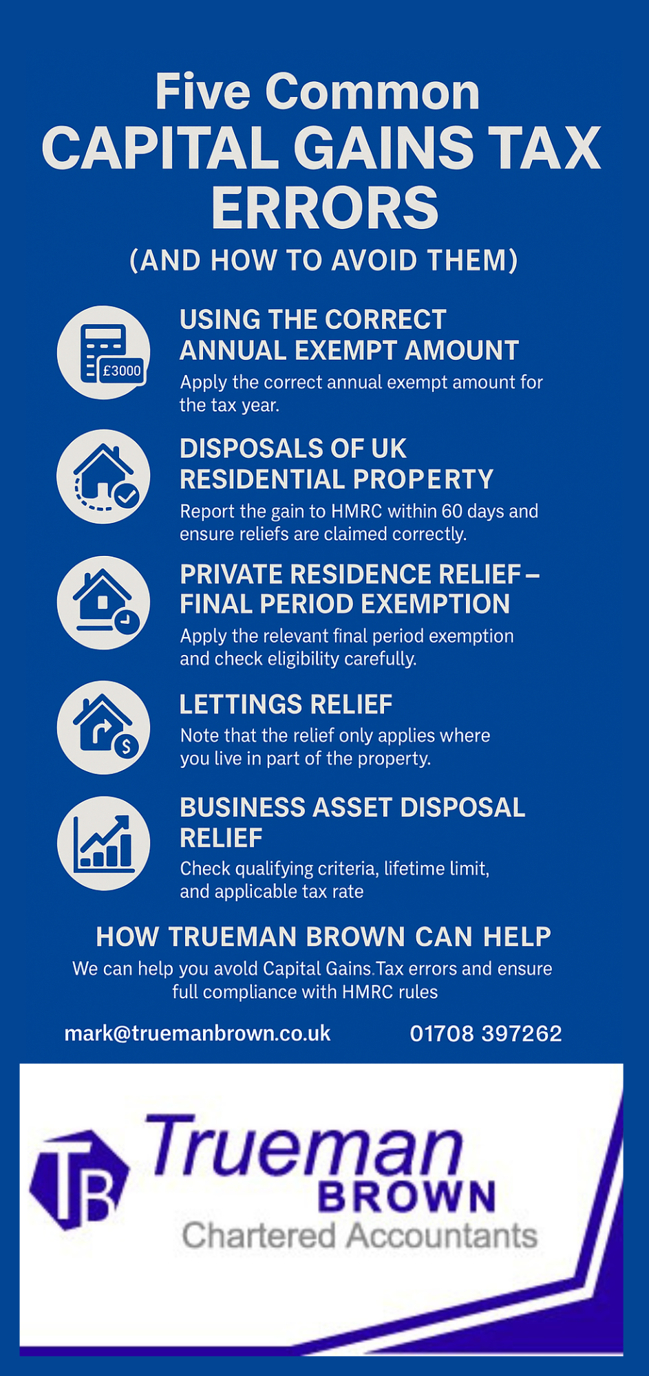 Infographic titled “Five Common Capital Gains Tax Errors (and how to avoid them)” on a royal-blue background. It lists five CGT errors with icons beside each: incorrect annual exempt amount, UK residential property disposals, private residence relief final period exemption, lettings relief, and business asset disposal relief. The bottom section explains how Trueman Brown can help, including contact details: mark@truemanbrown.co.uk<br />
 and 01708 397262.