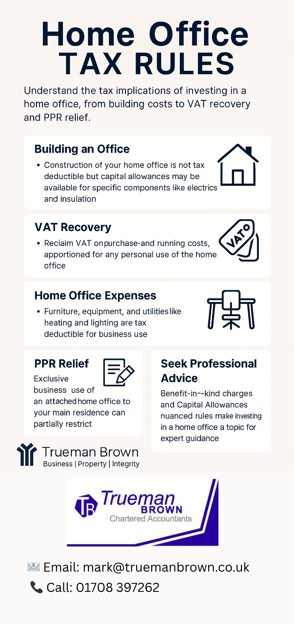 home office tax rules Infographic titled “Home Office Tax Rules” summarising UK tax guidance on building and claiming a home office, including VAT recovery, capital allowances, and PPR relief.