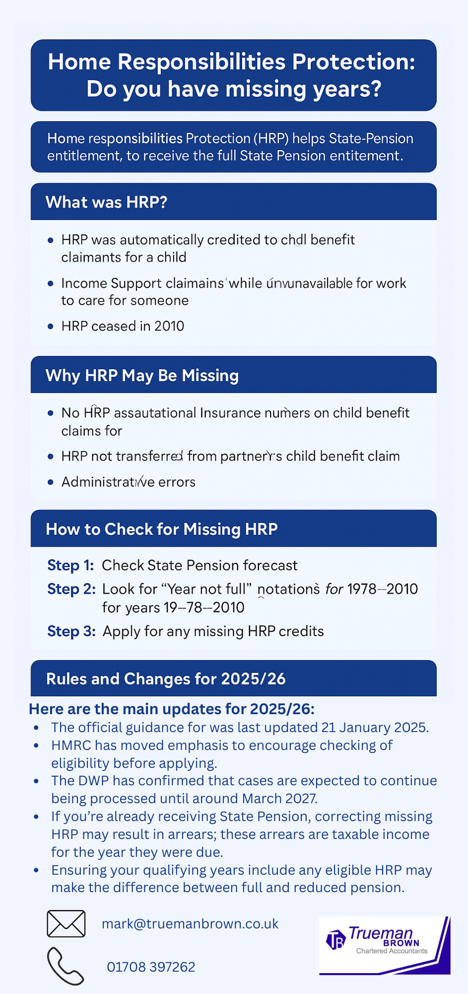 Infographic explaining Home Responsibilities Protection (HRP) in the UK — including what HRP is, who qualifies, reasons for missing HRP, how to check missing credits, 2025/26 updates, and Trueman Brown contact details.