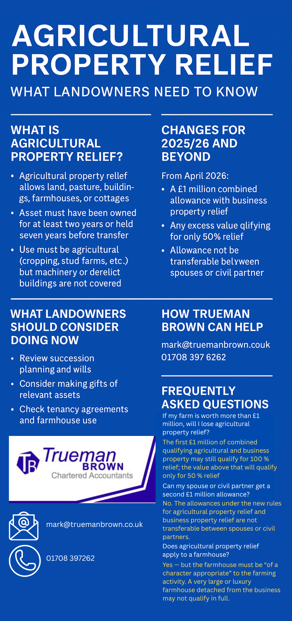 Infographic titled "Agricultural Property Relief 2025/26 Guide" in royal blue, outlining what agricultural property relief is, key 2025/26 changes, steps landowners should take, Trueman Brown’s contact details, and frequently asked questions about inheritance tax relief for farmland.