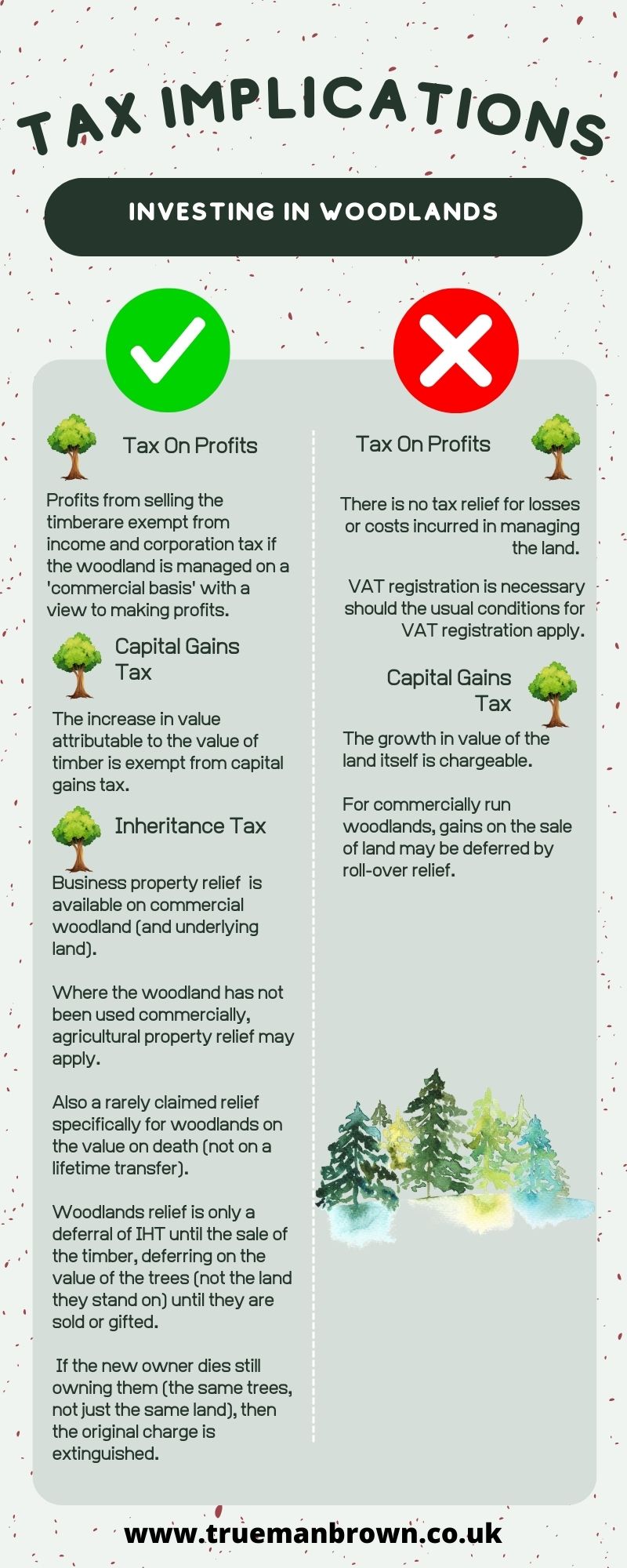 “Infographic explaining woodlands tax implications in the UK — showing tax exemptions and reliefs on woodland profits, capital gains, and inheritance for commercial woodland investments.”