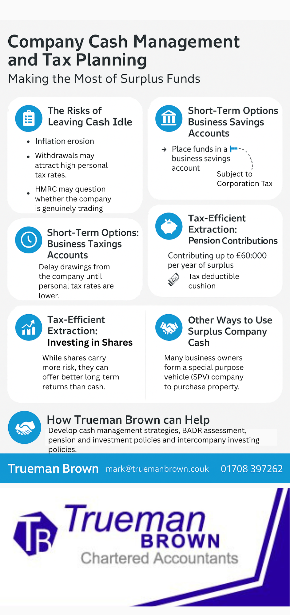 company cash management Infographic explaining company cash management and tax planning strategies, including savings accounts, pension contributions, investment options, and Trueman Brown contact details.