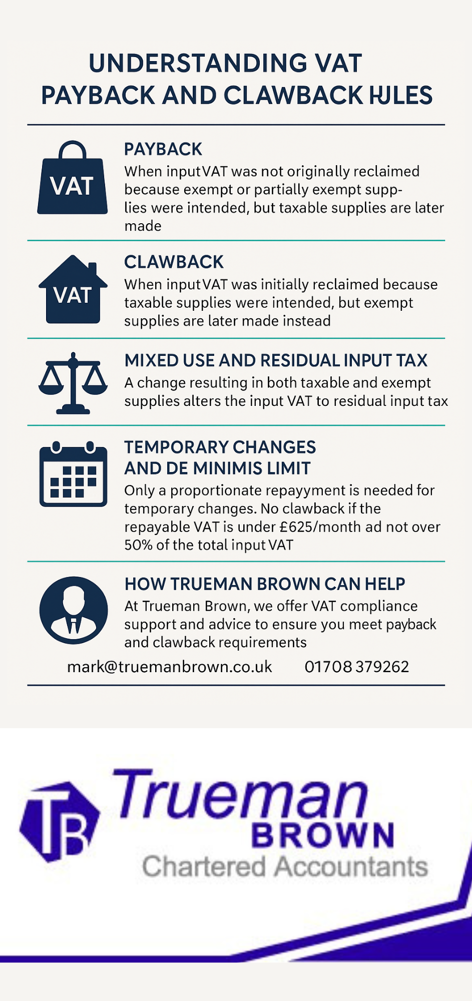 vat payback and clawback rules Infographic explaining VAT payback and clawback rules, including definitions of payback, clawback, mixed-use VAT adjustments, temporary changes, and how Trueman Brown can help businesses stay VAT compliant.