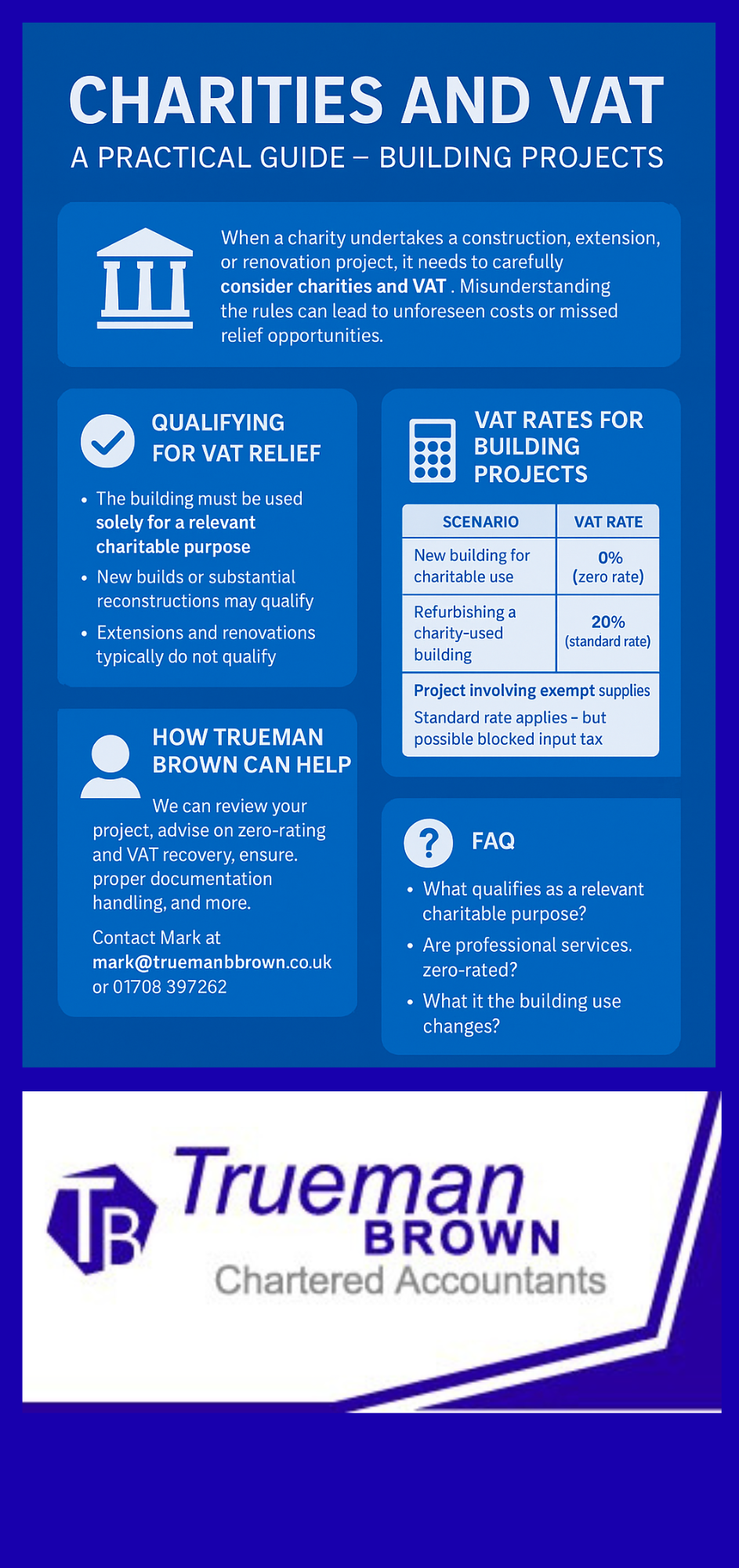 Infographic titled “Charities and VAT: A Practical Guide – Building Projects,” in royal blue and white. It outlines key VAT relief conditions for charities, VAT rates for building projects, how Trueman Brown can help, and a short FAQ section.