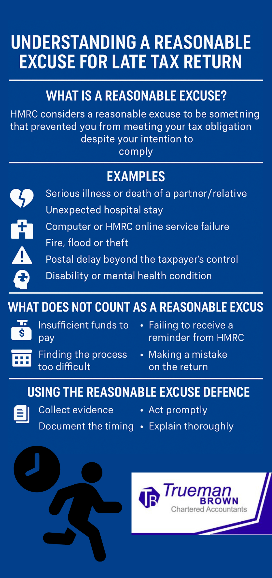 “Infographic explaining what counts as a reasonable excuse for a late tax return, including accepted and rejected examples, and practical steps for using the defence — presented in royal blue and white.”