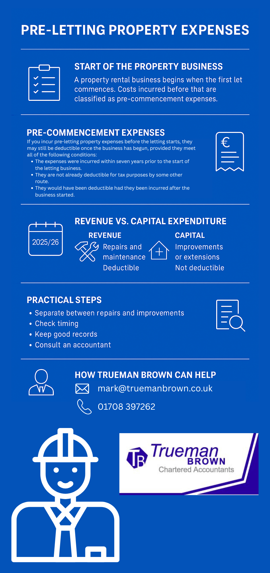 “Infographic explaining pre-letting property expenses for landlords, covering start of property business, pre-commencement expenses, revenue vs capital costs, practical steps, and Trueman Brown contact details.”