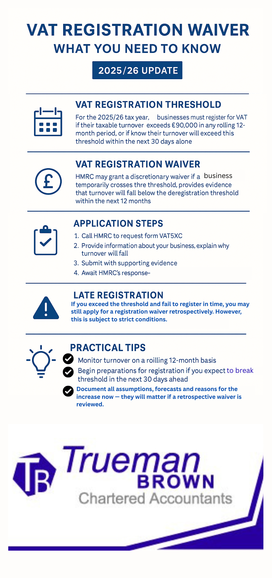 Infographic explaining VAT Registration Waiver 2025/26 – outlines HMRC VAT threshold, waiver application steps, late registration guidance, and practical tips for businesses.<br />
