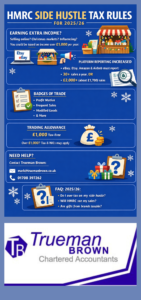 Infographic explaining HMRC side hustle tax rules for 2025/26, including the £1,000 trading allowance, online platform reporting, badges of trade, influencer tax rules, and Trueman Brown contact details.